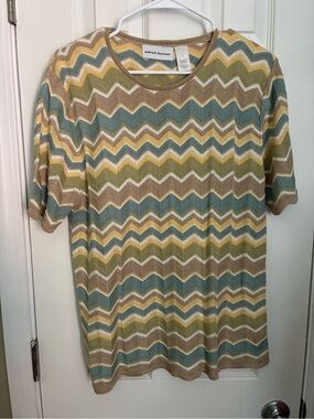 Alfred Dunner Short Sleeve Chevron Knit Shirt - Blue, Yellow, Tan, Cream, Green